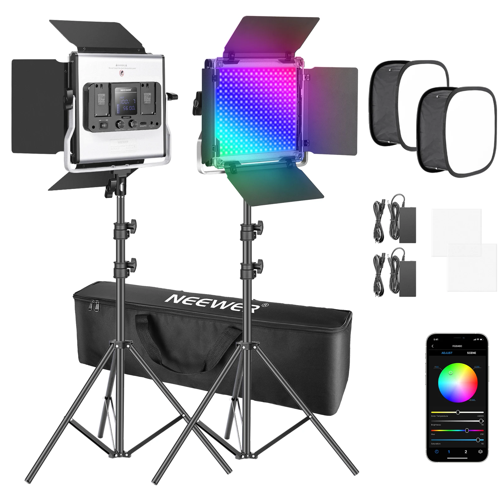 Neewer 2 Iepakojumi 480 RGB Led Gaismas Ar APP Kontroles, Fotogrāfija, Video Apgaismojums Komplektā Ar Kājiņām Un Softbox,Led CRI95/3200K-5600K
