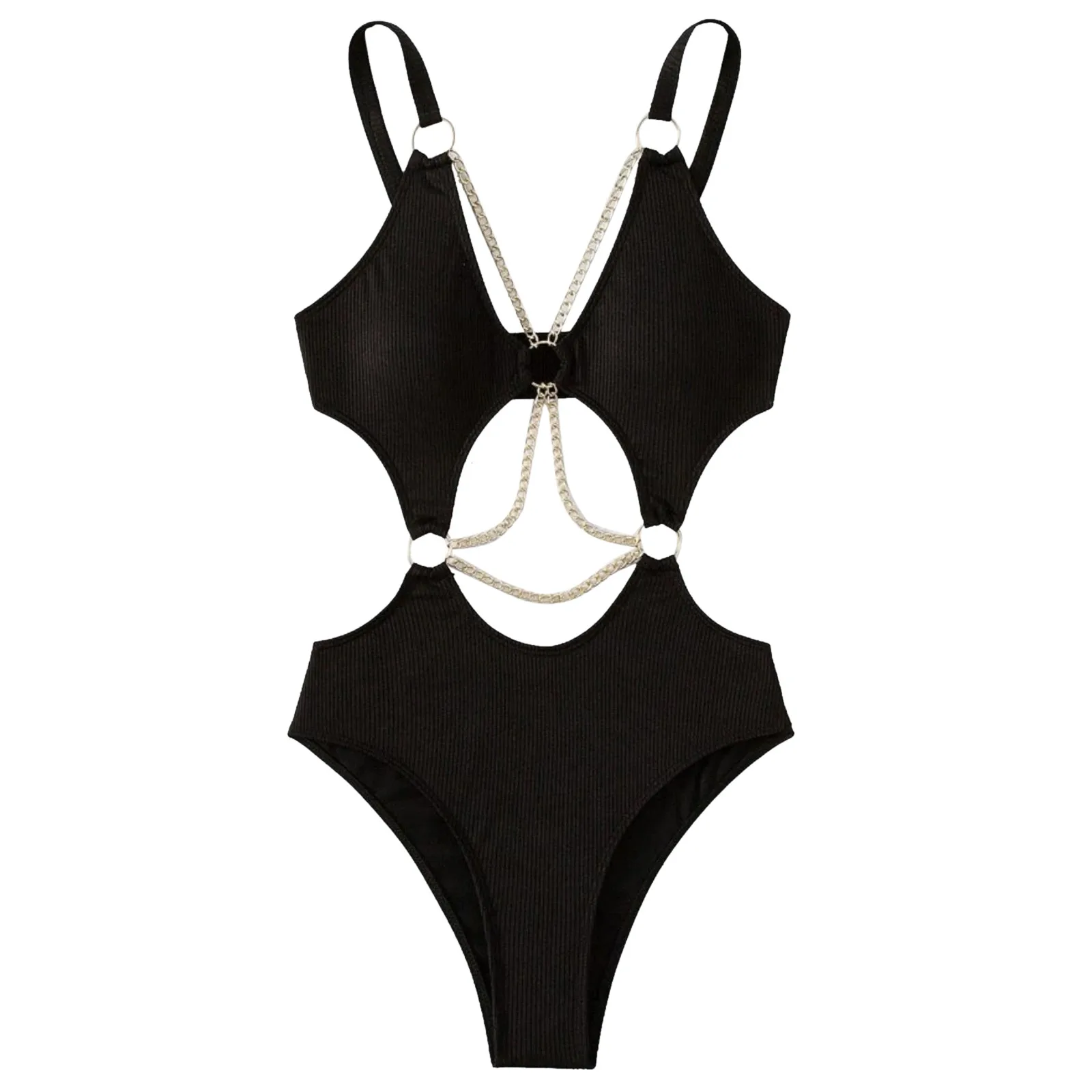 Sieviešu Bikini viengabala Kostīmi Metāla Ķēdes Dobi Ārā Tīru Krāsu Push Up peldkostīms Svaigu Black Spilvenu Seksīgi Peldkostīmi