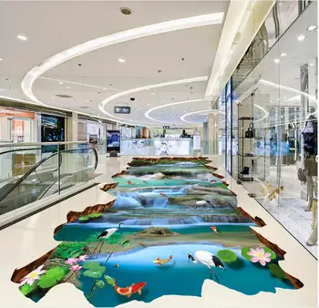 3d grīdas Ūdenskritums upi carp lotus āra dekorācijas pvc pašlīmējošas tapetes, 3d, grīdas, krāsošana, tapetes