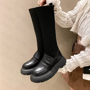 Adīšanas Chelsea Sieviešu Zābaki Ceļa Augstas Dzīvokļi Platformas, Papēži Stiept Ziemas Zābaki Jaunu Gadījuma Goth Darba Acs Mujer Zapatos 2022