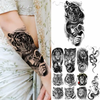 Black Tiger Indijas Pagaidu Tetovējumiem Sievietēm, Vīriešiem Reāli Lauva Kompass Galvaskausa Čūska Viltus Tetovējumu Uzlīmes Apakšdelma Tetovējums, Radošo
