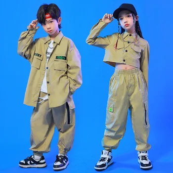 Bērni Pusaudžu Street Wear Hip Hop Apģērbu Haki Krekls Topi Streetwear Taktiskās Kravas Bikses, Lai Meitene Zēnu Džeza Deju Tērpu Apģērbs