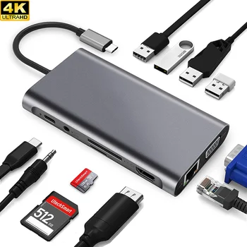 EGYAL USB Hub C Tipa centrs Macbook Pro Triple Display Type C Hub 4K Dual HDMI VGA Micro SD atmiņas Karšu Lasītāji RJ45 Hub Adapte