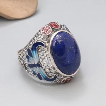 Emaljas Lapis Lazuli Ovālu Gredzenu, lai Vīrieši Sievietes Retro Etniskā 925 Sterling Sudraba Dobi Plašu Regulējams Pirksta Gredzenu Rotaslietas JZ099