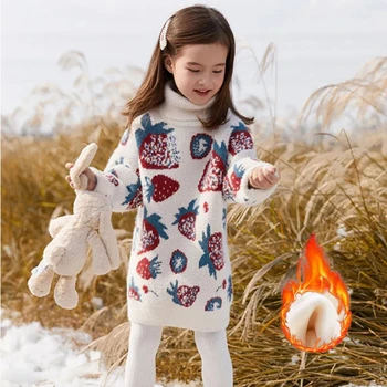 Jaunu Chidlren Ziemas Bieza Vilnas Džemperis Meitenēm Augstu Uzrullētu Apkakli Zemeņu Trikotāžas Džemperis Toddler Pusaudžu Pulovers Ilgi Džemperi