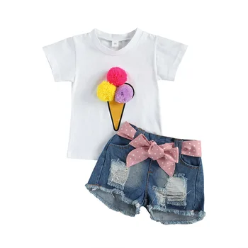 Karstā Pārdošanas Meitenēm Saldējumu Modelis ar Īsām Piedurknēm T Krekls+džinsa Bikses noteikts Vasaras Bērni Cute Uzvalks Bērnu Ikdienas Apģērbu Komplekts TZ049