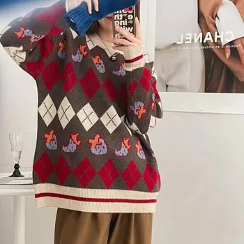 Korejas modes krāsu saskaņošanas džemperis sievietēm 2022. gada rudens un ziemas jauno slinks vēja zaudēt apaļu kakla adīts tops visu maču