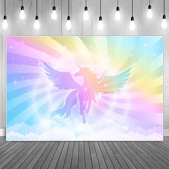 Krāsains Peld Unicorn Gaismas Plankumi, Svītras Mākoņi Fotogrāfija Fonus, Custom Bērnu Dzimšanas Dienas Svinības Apdares Foto Backdrops