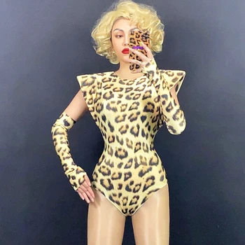 Rhinestone Sexy Leopards Drukāt Bodysuit Sieviešu Dziedātāju Dejotāju Sniegumu Rāda Posmā Valkā