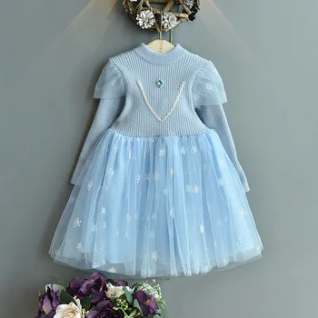 Rudens Ir 2021. Meitenes Adīt Džemperis Princese Kleita Bērni Toddler Garām Piedurknēm Modes Cute Zils Kleitas Meitenes Pusi Brīvdienas Drēbes