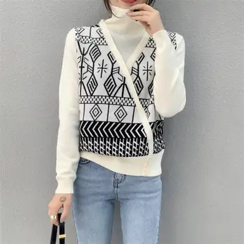 Salaist viltotas divu augstu uzrullētu apkakli džemperis sieviešu jauna rudens un ziemas retro stila dimanta adīt krekls top