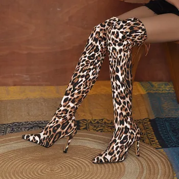 Sievietes, Pār-the-ceļgala Zābaki Ziemas Modes Leopard Duncis Punkts-toe Augstas Gari Zābaki Sieviešu Plus Lieluma Luksusa Dizaineru Kurpes Sieviete