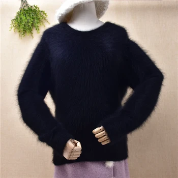 sieviešu apģērbi sieviešu matains angoras trusis matu trikotāžas o-veida kakla garām piedurknēm slaids viduklis brīvs džemperis ūdeļu kašmira džemperis džemperis