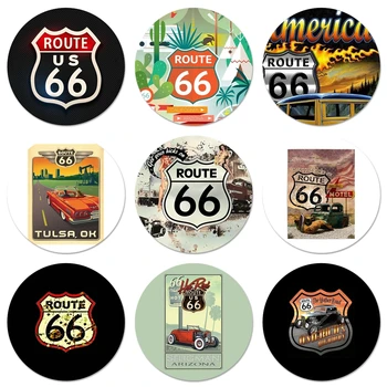 Vintage Stila Amerikas Route 66 Ikonas Adatas Žetons Apdare Piespraudes Metāla Nozīmītes Mugursoma Apdare 58mm
