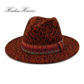 Vīrieši Sievietes Platām Malām Leopards Drukāt Vilnas Fedora Cepuri jJazz Panama Klp Baznīcas Svētku Cepures