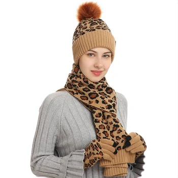 Ziemas 3pcs Šalle, Cepure, Cimdi Komplekti Sieviešu Modes Trikotāžas Leopard Print Dizains Saglabāt Siltu Šalli Sunīti Gadījuma Beanies Klp Cimdi