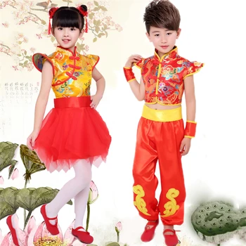 Ķīniešu Tradicionālā Tērpi Bērniem, Bērnu Tautas Deju Tērpu Mūsdienu Cheongsam Hanfu Meitenēm Valstu Ušu Zēnu Komanda Deju
